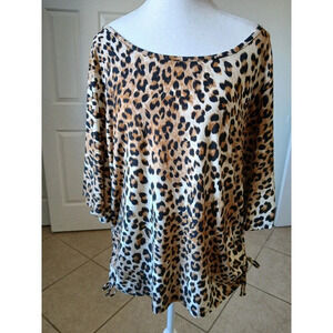 Wilde Leopard Print Womens Blouse Size 1X‎ Stretchy Top Kimono Sleeve Tied Sides